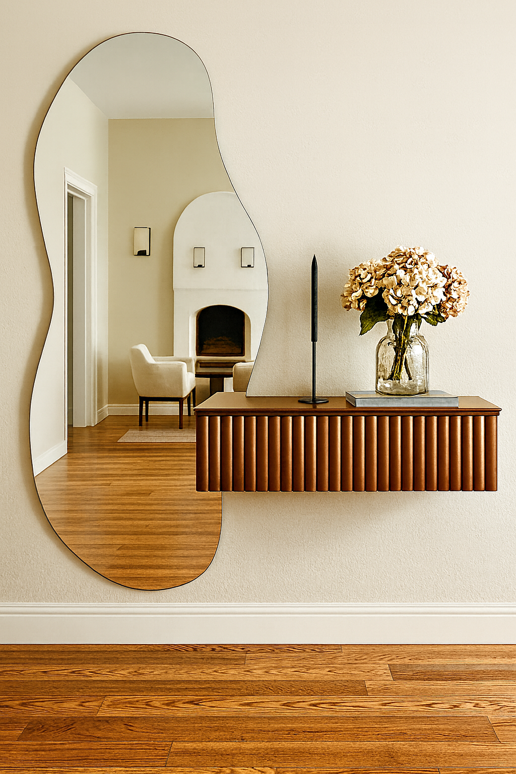 Ribbed Floating Shelves with Irregular Mirror