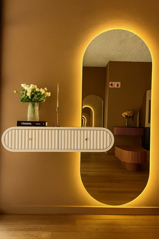Oval Mirror with White Ribbed Floating Shelves