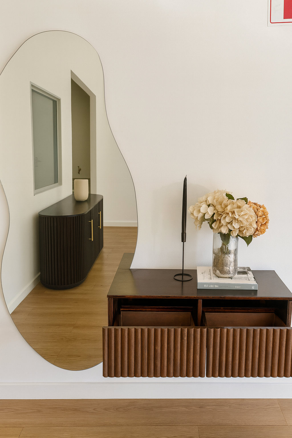 Ribbed Floating Shelves with Irregular Mirror