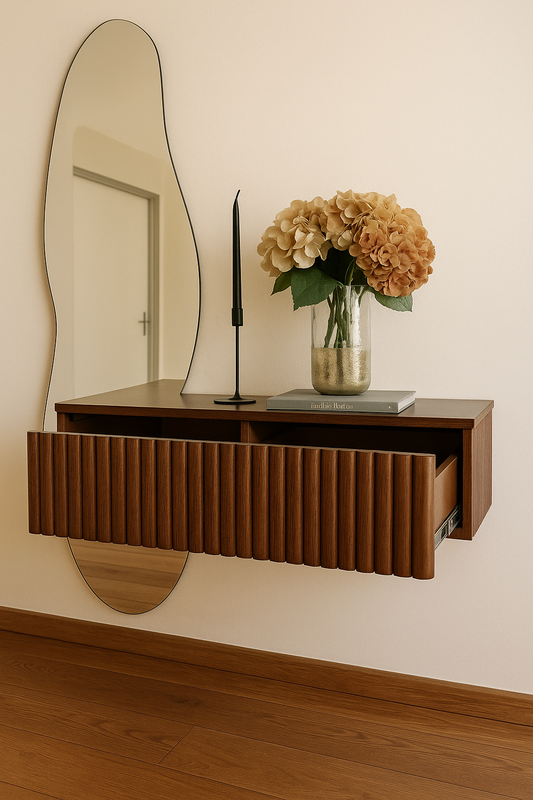 Ribbed Floating Shelves with Irregular Mirror