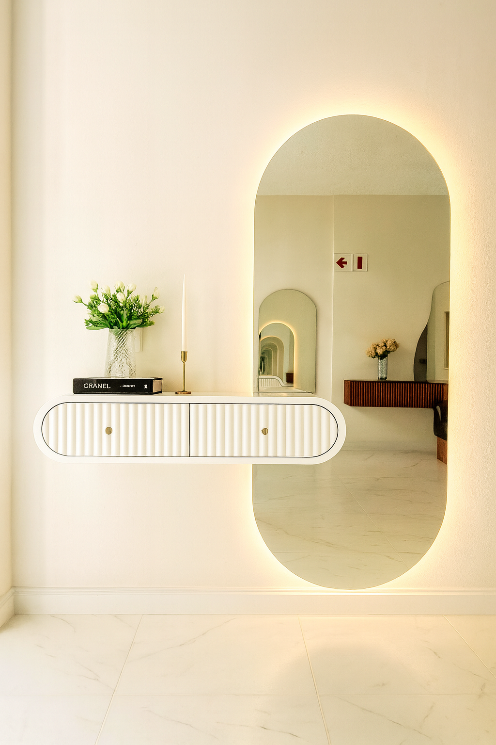 Oval Mirror with White Ribbed Floating Shelves