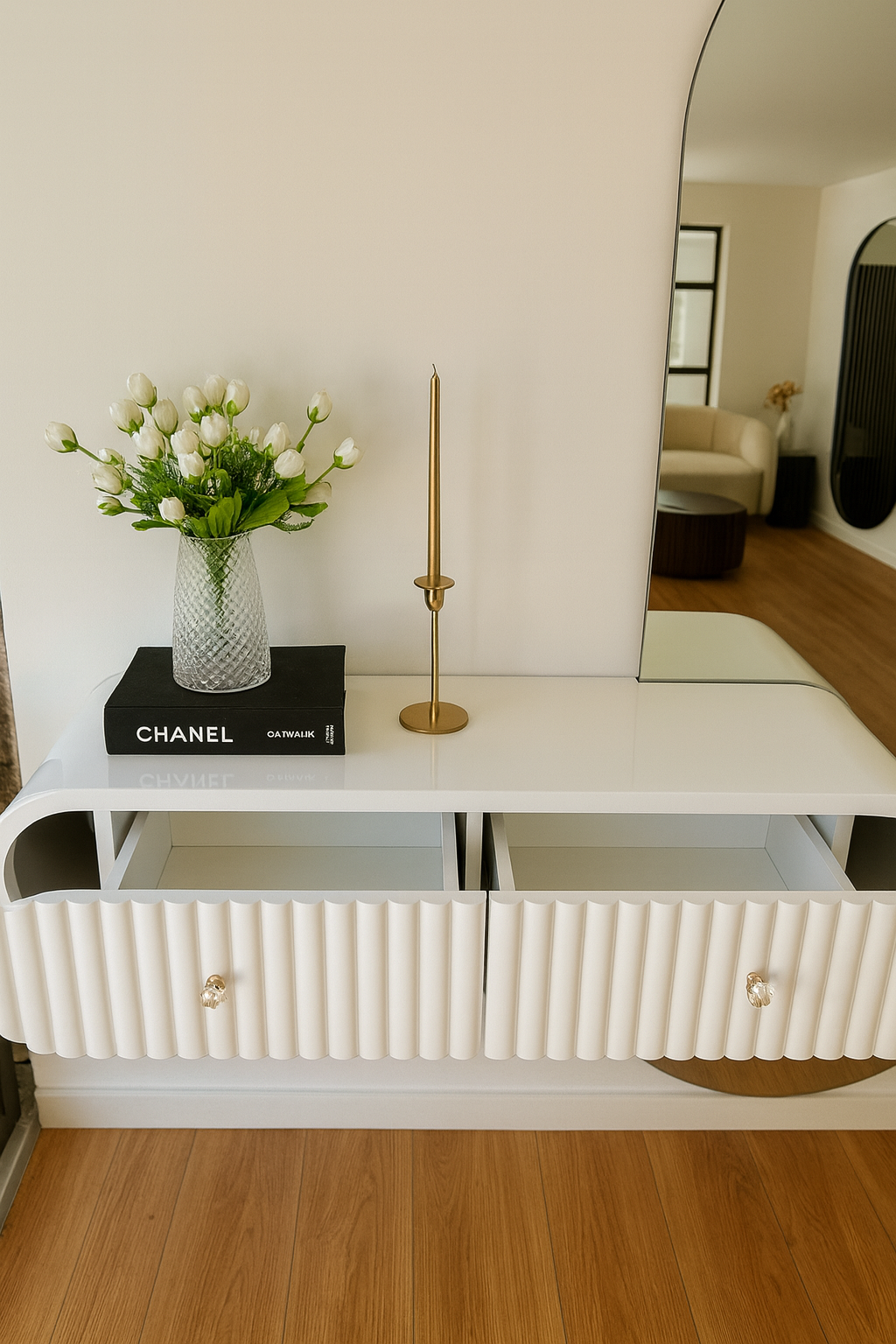 Oval Mirror with White Ribbed Floating Shelves