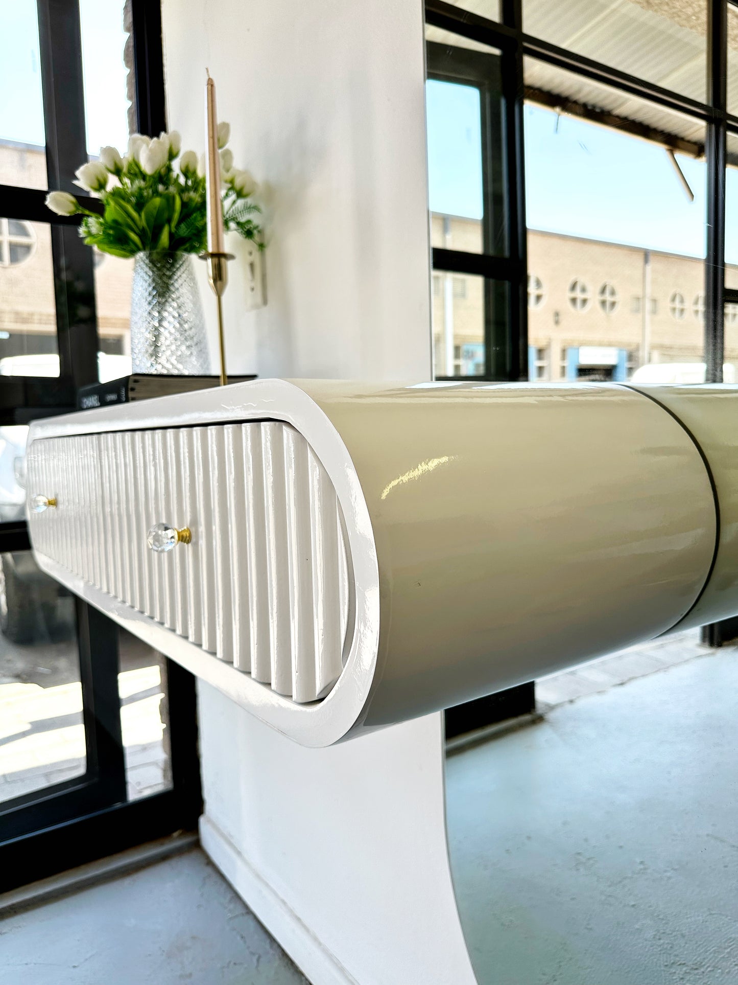 Oval Mirror with White Ribbed Floating Shelves