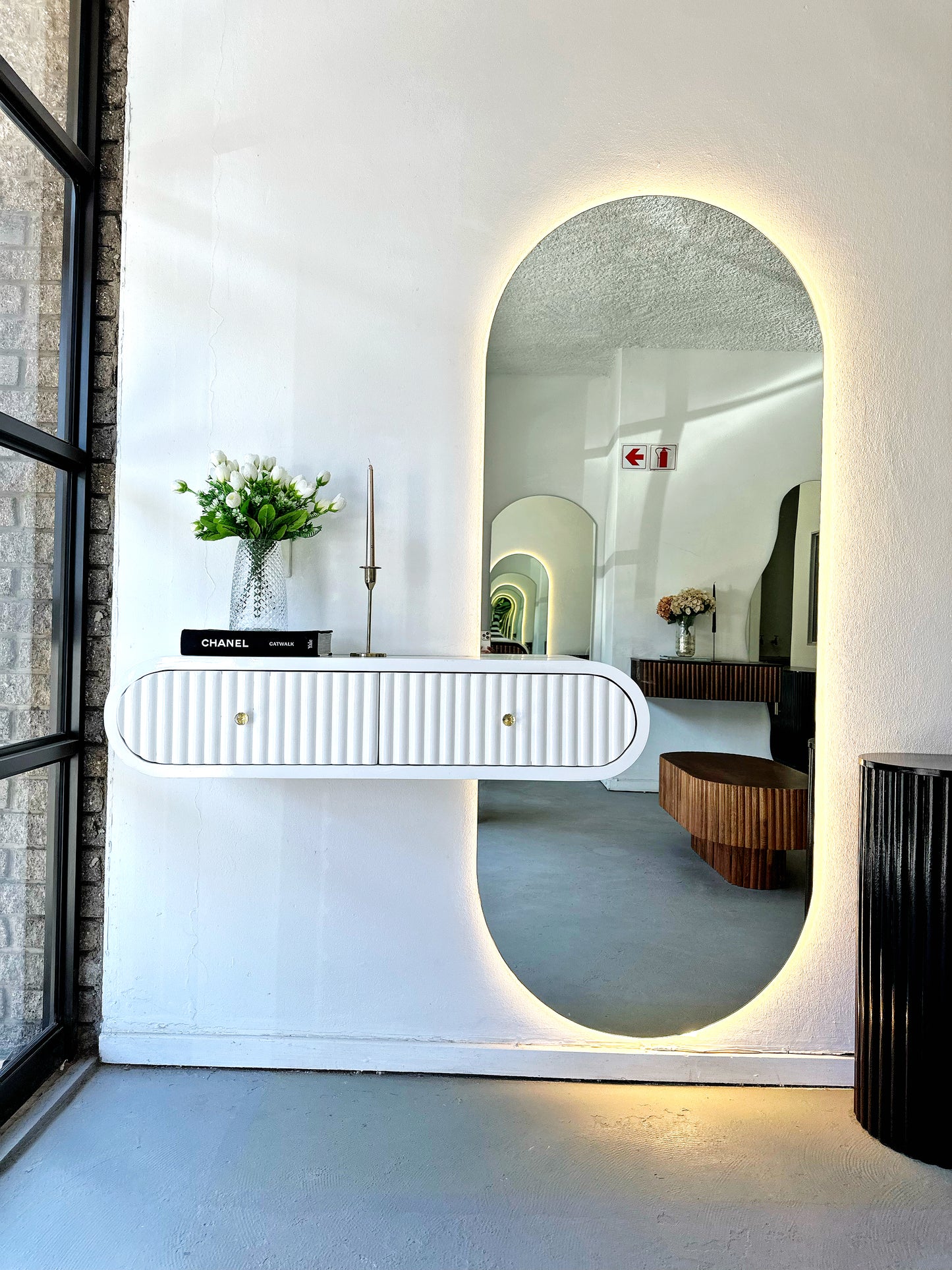 Oval Mirror with White Ribbed Floating Shelves
